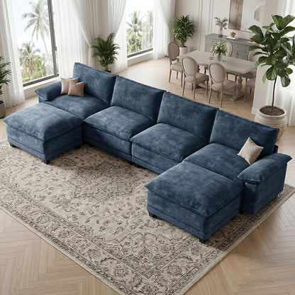 Modern U Shaped Sofa Couches for Living Room, Modular Sectional Cloud Couch with Movable Ottoman, Comfy Chenille Sofa for Apartment and Small Space, Blue