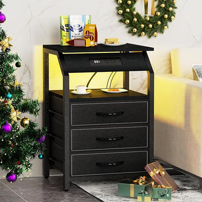 SZLHANJZ End Tables Set of 2, Nightstands with Charging Station and LED Lights, 3 Drawers Fabric Bedside Table, Storage Side Tables for Bedside, Living Room, Modern Black
