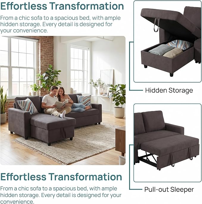 Pull Out Couch, L Shaped Sectional Couch with Pull Out Bed, Convertible Sofa Bed with Storage Chaise, Queen Size Sleeper Sofa, Sofa Bed Couch, Sleeper Sofa with Storage, Dark Brown