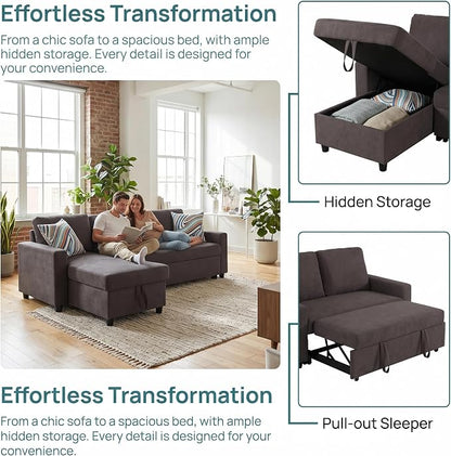 Pull Out Couch, L Shaped Sectional Couch with Pull Out Bed, Convertible Sofa Bed with Storage Chaise, Queen Size Sleeper Sofa, Sofa Bed Couch, Sleeper Sofa with Storage, Dark Brown