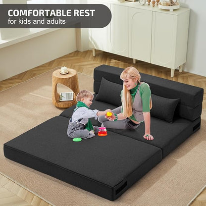 SUYOLS Folding Sofa Bed with Pillows- Convertible Chair Floor Couch & Sleeping Mattress, Foldable Memory Foam Sleeper for Living Room/Dorm/Guest Room/Home Office/Apartment/Loft, Full, Dark Gray