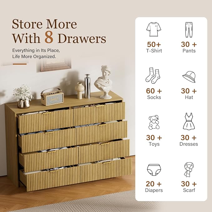 Furniway Mid Century Modern Dresser for Bedroom, 8 Drawer Wood Dresser with Fluted Front, 55" Wide Chest of Drawers for Closet, Living Room, Hallway, Natural Oak