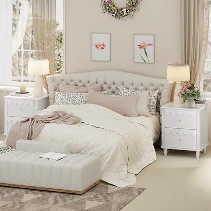 White Nightstand Set of 2 with 2 Drawers, Modern Night Stand Set 2 with Petal Pattern for Bedroom, Side End Table Scalloped Bedside Night Tables with Solid Wood Legs