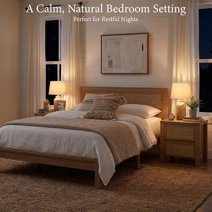 XIAO WEI 3-Piece Boho Bedroom Furniture Set, King Wood Bed Frame with Tall Rattan Headboard, Night Stand Set of 2 with Charging Station, Boho Modern Bedroom Furniture Set