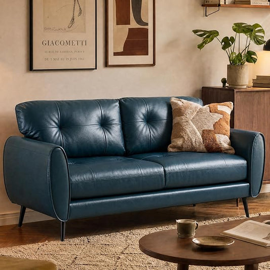 TYBOATLE Sofa Couch 61" Small Loveseat Couches for Living Room Blue Leather Couch Mid Century Modern Tufted Mini Sofa Comfy Office 2 Seat Settee Love Seat for Small Spaces Bedroom