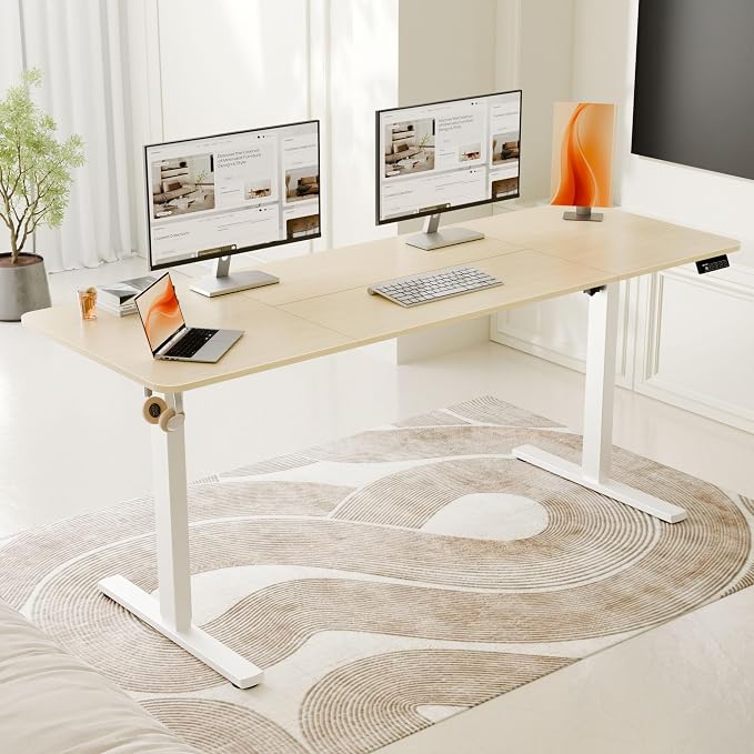 ERGOMAKER Electric Standing Desk, 67" x 23.6" Height Adjustable Sit Stand Desk with Splice Board for Home Office, Computer Desk Memory Preset (White Frame, Gold Oak Desktop)