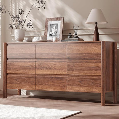 CHUWELL 3-Piece Bedroom Dresser Set-9 Drawer Dresser & 2 Nightstands,63" Wide Walnut Dresser and Night Stands with Solid Wood Cylindrical Legs,Rustic Wooden Storage for Bedroom