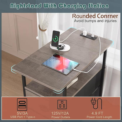 sthmec End Table with Charging Station, Narrow Side Table with 2 Drawers, Nightstands with Drawers, USB Ports & Power Oulets,Slim Sofa Side Tables for Small Spaces,Living Room,Bedroom, Grey