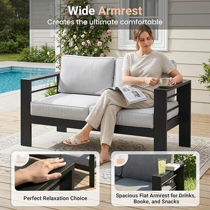 Solaste Aluminum Patio Loveseat, Metal Patio Sofa with Water-Resistant Cushion, Weather-Resistant Modern Outdoor Loveseat, Black Frame Grey Cushion