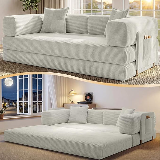 78.8" Convertible Sofa Bed,Corduroy Futon Couch with Storage Pocket,Folding Pull Out Futon Sofa,No Assembly Boneless Couch for Living Room, White