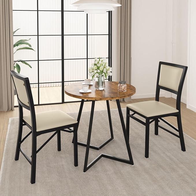 VECELO Folding Dining Chairs Set of 2, Metal Padded Foldable Seating with Comfortable Faux Leather, Space-Saving Portable Guest Seats for Kitchen & Office, No Assembly, Creamy Beige