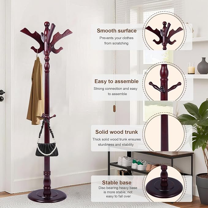 Wooden Coat Rack Freestanding with 11 Hooks, Adjustable Height Coat Tree Free Standing Heavy Duty for Entryway, Easy Assembly Solid Wood Sturdy Coat Hats Hanger Stand for Office Hallway Bedroom