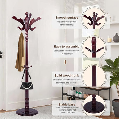 Wooden Coat Rack Freestanding with 11 Hooks, Adjustable Height Coat Tree Free Standing Heavy Duty for Entryway, Easy Assembly Solid Wood Sturdy Coat Hats Hanger Stand for Office Hallway Bedroom