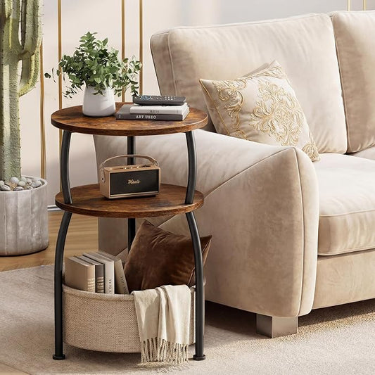 Round Side Table with Storage Basket for Living Room Rustic Brown | Small Table for Small Space 3-Tier Side Table for Bedroom, Garden, Sofa Couch Table Bedside Nightstand, Rustic Brown