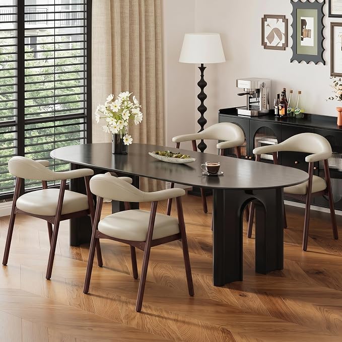 MALOL Leather Dining Chair with Armrest Set of 4, Upholstered Dining Room Chair with Curved Back and Wood Legs, Mid Century Modern Kitchen Chairs for Kitchen Dining Room,Khaki