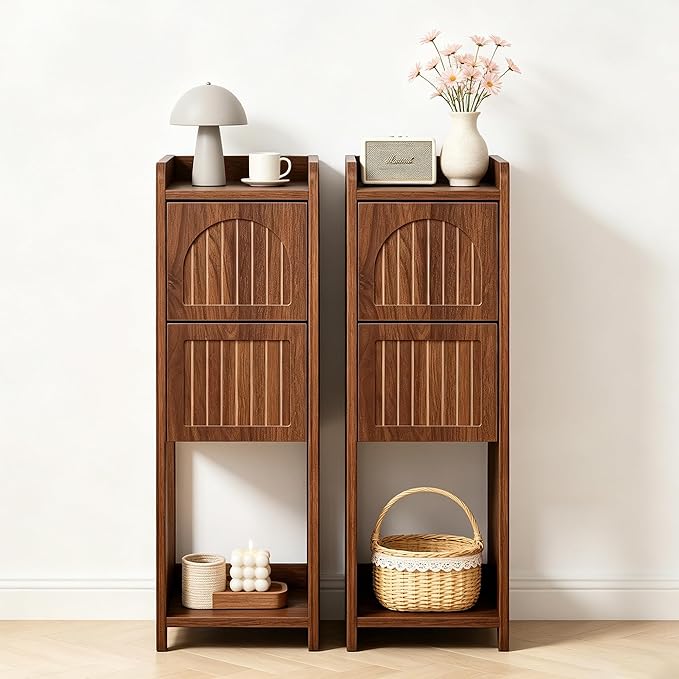Narrow Nightstand Set of 2, Wooden Small 2 Drawer Nightstand, Slim Side End Table, Skinny Bedside Table, Mid Century Modern Night Stand with Drawers for Bedroom (Deep Walnut-2 pcs)