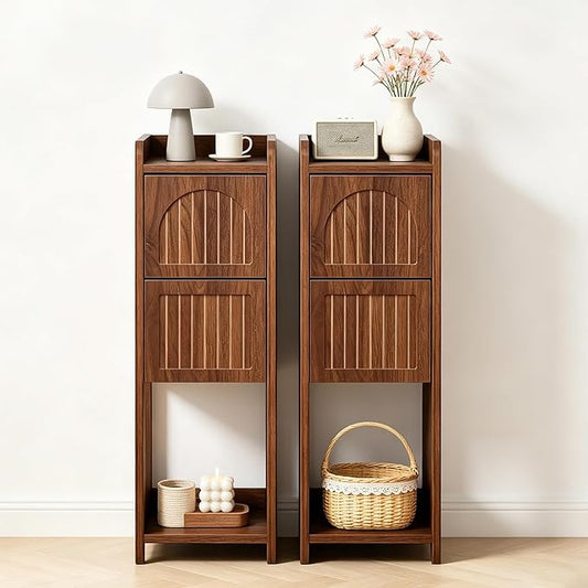 Narrow Nightstand Set of 2, Wooden Small 2 Drawer Nightstand, Slim Side End Table, Skinny Bedside Table, Mid Century Modern Night Stand with Drawers for Bedroom (Deep Walnut-2 pcs)