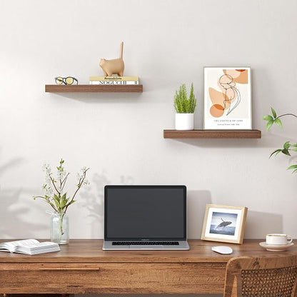 Heimlove Floating Shelves for Wall,16 inchs Shelf for Small Bathroom,Mounted Storage & Display Wood Shelves for Bedroom,Living Room,Kitchen,Office,Set of 2,Walnut Color