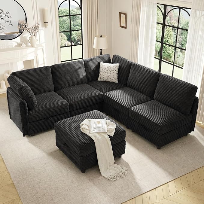 KKL Modular Sectional Sofa V-Shaped 6 Seater Couch with Storage Ottoman, Convertible L/J-Shaped Couch and Sofa Bed Plush Wide-Wale Corduroy for Living Room, Apartment, Modern Design, Black