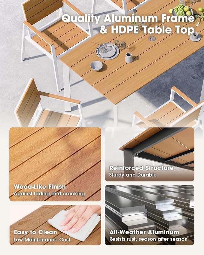 Outdoor Dining Chiars Set of 2, Aluminum Patio HDPS Outdooor Dining Chiars, All Weather Patio Furniture Set (White & Teak)