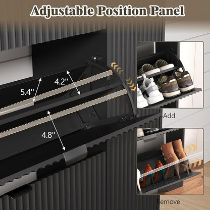 Shoe Cabinet Storage for Entryway with 3 Flip Drawers & Side Cabinet, Fluted Narrow Shoe Organizer with Wooden Leg, Freestanding Shoe Storage Hidden Shoe Rack Organizer for Front Door Entrance, Black