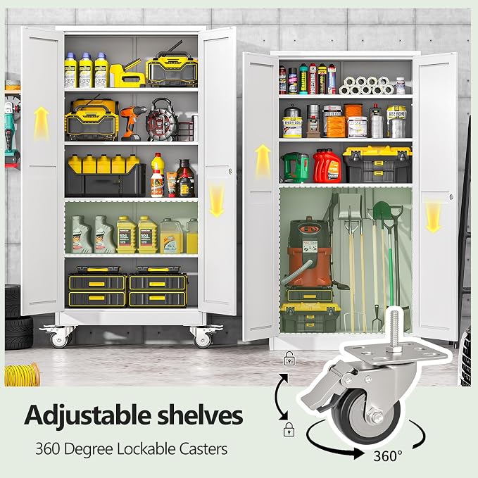 Metal Garage Storage Cabinet, 71”Tall Rolling Utility Cabinet White | storage system with Wheels, Lock, 4 Adjustable Shelves, Heavy Duty Steel Tool Locker for Home Office, Utility Room, Gym