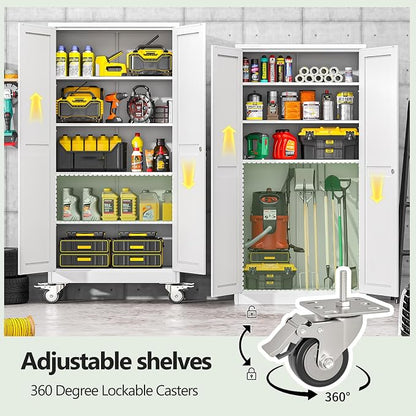 Metal Garage Storage Cabinet, 71”Tall Rolling Utility Cabinet White | storage system with Wheels, Lock, 4 Adjustable Shelves, Heavy Duty Steel Tool Locker for Home Office, Utility Room, Gym