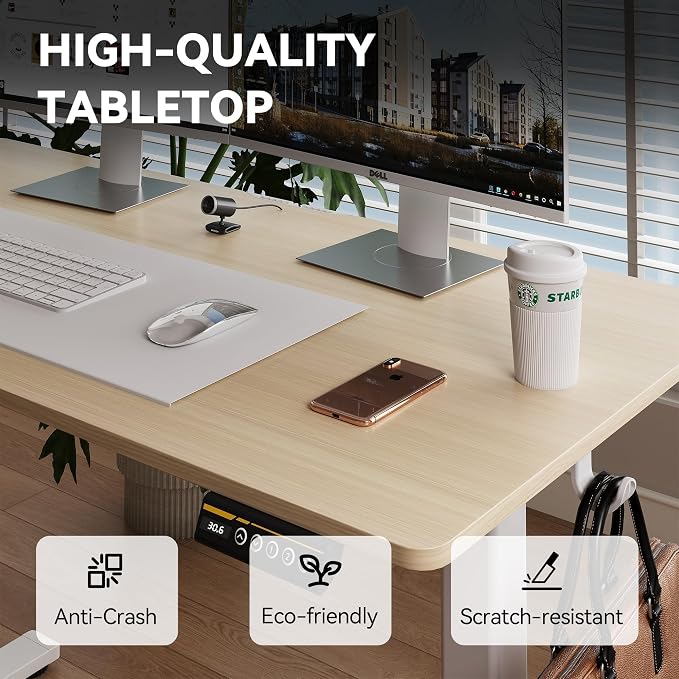 Large Electric Standing Desk,55x24 Inches Adjustable Height Stand up Desk, Sit Stand Home Office Desk, 3 Preset Heights,Equipped with Hooks,Ergonomic Computer Desk Workstation，Nature