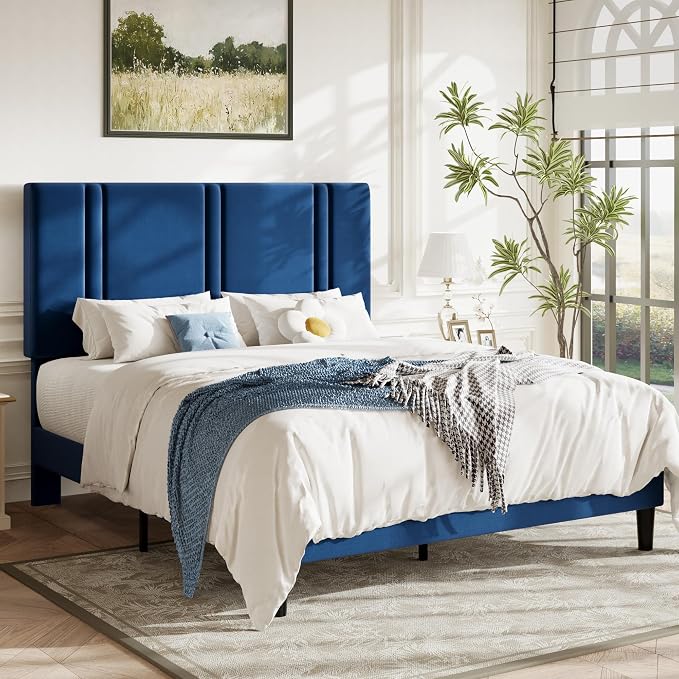 Allewie Full Size Platform Bed Frame with Adjustable Headboard, Plush Velvet Upholstered, Vertical Channel Tufted, Sturdy Wooden Slats, No Box Spring Needed, Easy Assembly, Blue