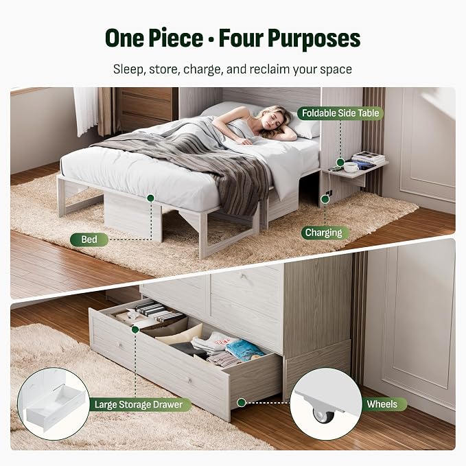 Softa Murphy Bed Full with Drawer, 1200Lb Support, Fold-Down Side Table & Charging Station, Mattress Storage Space, No Box Spring Needed, Space Saving Murphy Bed Cabinet for Guest Room & Home Office