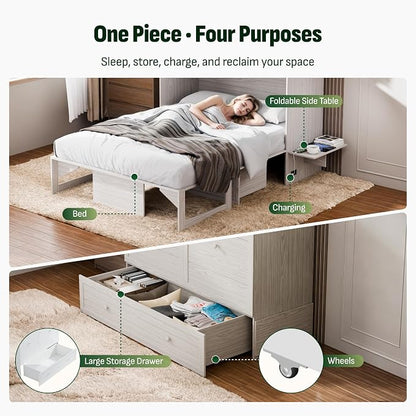 Softa Full Murphy Bed Cabinet with 4" Tri-Fold Mattress, Storage Drawer & Charging Station, 1200 Lb Heavy Duty Wood Wall Bed with Fold-Down Desk for Guest Room & Home Office, No Box Spring Needed