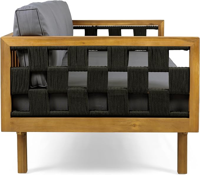 Merax Outdoor 3 Seater Daybed, Acacia Wood Patio Day Bed Couch Sofa with Cushions & Stylish Rope Weave Armrest, 67.5" L Outdoor Seating for Gardern Deck Porch Balcony, Dark-Grey