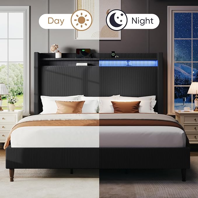 King Size Bed Frame with Tall Headboard, 55.3" Corduroy Upholstered Platform Bedframe with LED Lights & Charging Station, King Beds Wingback Storage Headboard, No Box Spring Needed, Wood Slats, Black