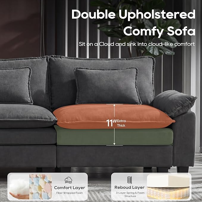 URRED Oversized Modular Sectional Sofa, 157" U Shaped Modern Comfy Cloud Couch with Movable Ottoman & Pillows, Deep Seat Couches for Living Room, Bedroom or Apartment (Velvet Grey, 157" U Shaped)