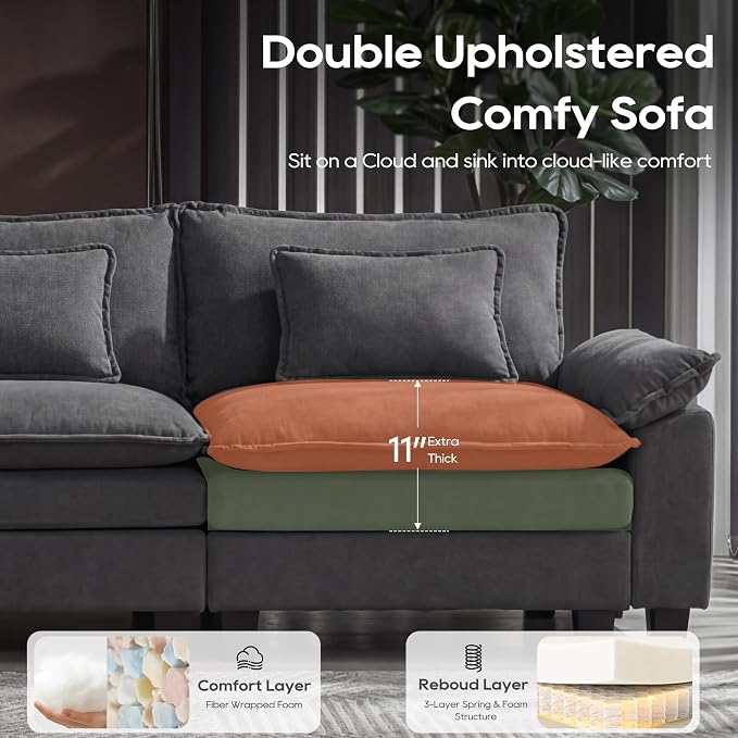 URRED Oversized Modular Sectional Sofa, 122" U Shaped Modern Comfy Cloud Couch with Movable Ottoman & Pillows, Deep Seat Couches for Living Room, Bedroom or Apartment (Velvet Grey, 122" U Shaped)