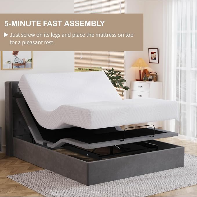 Dyonery Twin XL Adjustable Bed Base Frame with Wireless Remote + 10 Inch Twin XL Green Tea Gel Memory Foam Mattress Bed in a Box, Head and Foot Incline, Zero Gravity, Fiberglass Free, 80" x 38"