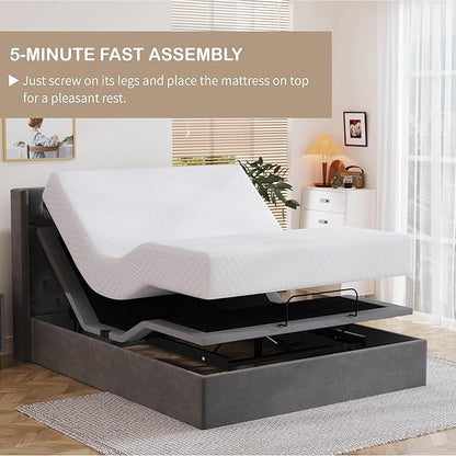 Dyonery Queen Adjustable Bed Base Frame with Wireless Remote + 10 Inch Queen Green Tea Gel Memory Foam Mattress Bed in a Box, Head and Foot Incline, Zero Gravity, Fiberglass Free, 80" × 60"