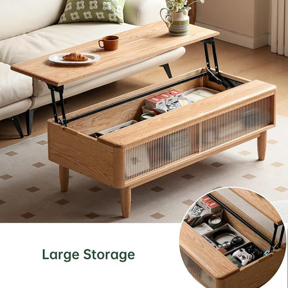 Wood Lift Top Coffee Table, 100% Solid Oak Wood Log Color Coffee Table with Glass Sliding Door, Rectangular Coffee Tables with Storage for Living Room Home Decor(47.24" W)