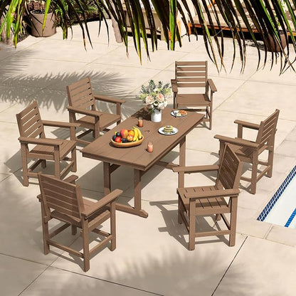 7 Piece Patio Dining Set, 66" Rectangle HDPS Weather Resistant Outdoor Table & 6 Patio Chairs Set with 1.96" Umbrella Hole, Heavy Duty Chairs for Backyard Balcony Deck, Brown