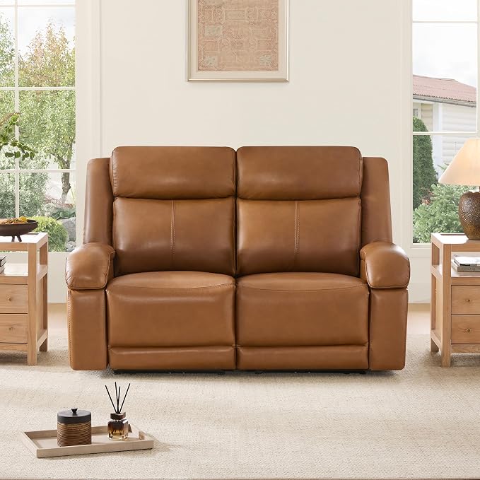 Watson & Whitely Genuine Leather Power Loveseat Recliner Sofa, 2 Seat Wall Hugger Reclining Sofa with Power Headrest & Charging Ports, Dual Recliner Sofas for Living Room, RV, Saddle Brown