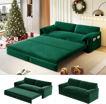 63.8" Sofa Bed Queen Size, Pull Out Couch Bed, 3-in-1 Convertible Sleeper Sofa with Side Pocket, Modern Velvet Futon Couch for Living Room, Small Space, Apartment, Bedroom, Green
