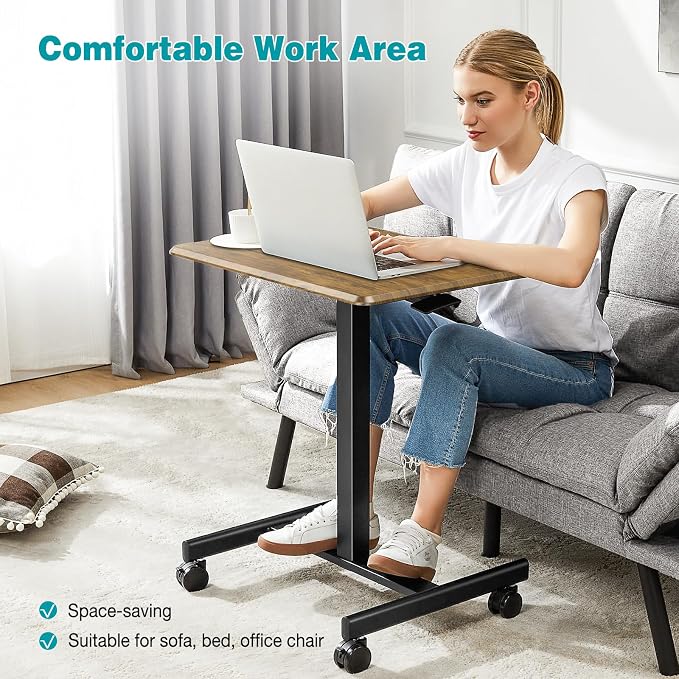 DUMOS Mobile Small Standing Desk, Portable Rolling Laptop Desk with 2 Lockable Wheels, Adjustable Height Computer Workstation for Home Office, 19 Inch Brown