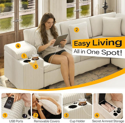 KEIKI 110" L-Shaped Oversized Plush Corduroy Modular Sectional Sofa with Pull-Out Bed, Convertible 6-Seater Sleeper Couch Bed with 1 Ottomans & USB & Cup Holders, Easy Assembly, for Living Room, Beige