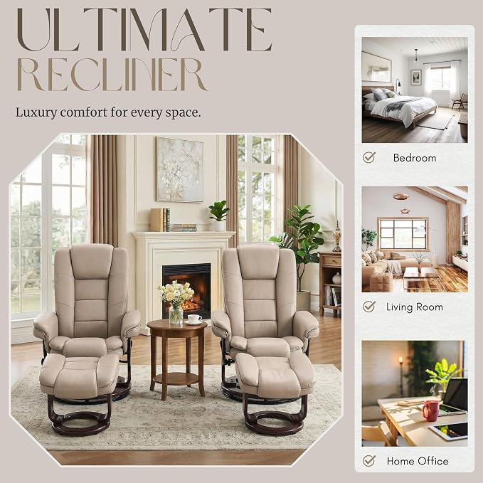 Swivel Recliner Chair with Ottoman Reclining Lounge Sofa Footrest, Set of 2 | 360°Sturdy Wood Base, Soft PU Leather, Upholstered Ultra-Plush Foam, Modern Armchair, Living Room Bedroom Office Reading Home