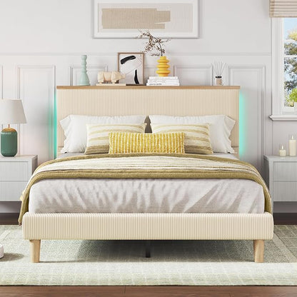 Bestier Queen Bed Frame with Adjustable Headboard & LED Lighting, Corduroy Upholstered Platform Bed Frame with Storage Shelf, Solid Wood Slats, No Box Spring Needed,Never Squeak, Easy Assembly, Beige
