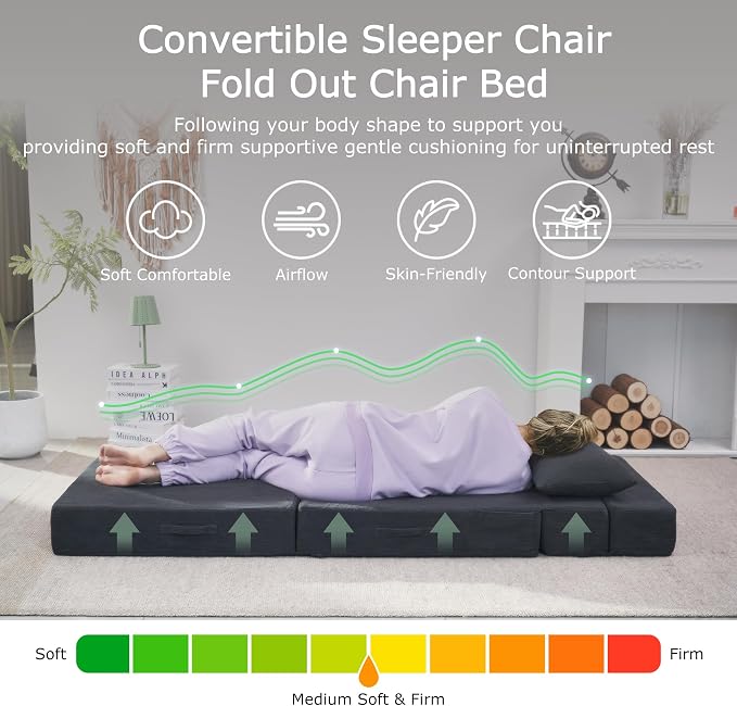 Folding Sofa Bed, 4 in 1 Convertible Sleeper Chair with Pillow, Single Memory Foam Fold Out Chair Bed, Modern Floor Futon Sofa Couch Mattress for Living Room/Guest/Apartment, Dark Grey