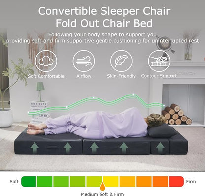 Folding Sofa Bed, 4 in 1 Convertible Sleeper Chair with Pillow, Single Memory Foam Fold Out Chair Bed, Modern Floor Futon Sofa Couch Mattress for Living Room/Guest/Apartment, Dark Grey