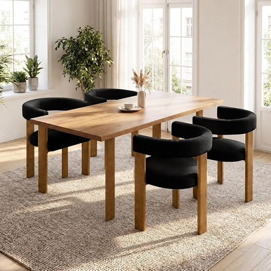 VIRRMO Boucle Dining Chair Set of 2 Terry Upholstered Dining Room Chairs Kitchen Chairs with Wood Legs Mid Century Modern Chair for Dining Room, Kitchen (Wood-Black, 4)