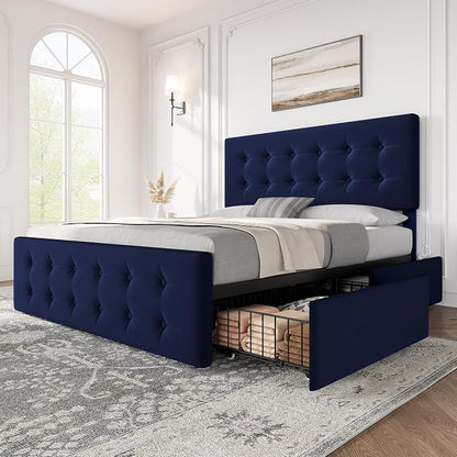 IDEALHOUSE Full Size Bed Frame with 4 Storage Drawers and Headboard, Velvet Upholstered Platform Bed Frame with Wooden Slats Support, Button Tufted Design, No Box Spring Needed, Blue