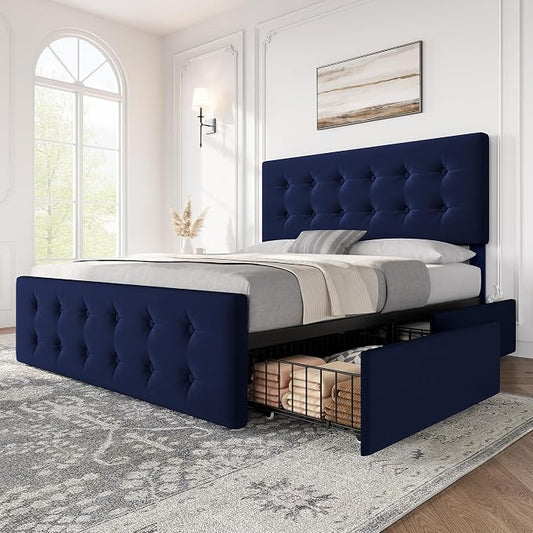 IDEALHOUSE Full Size Bed Frame with 4 Storage Drawers and Headboard, Velvet Upholstered Platform Bed Frame with Wooden Slats Support, Button Tufted Design, No Box Spring Needed, Blue